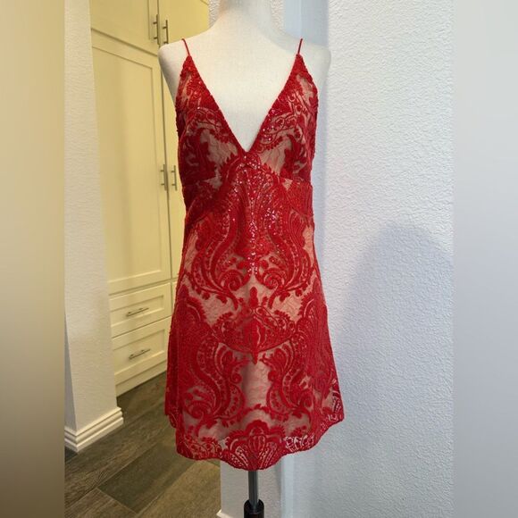 Free People Unique Sexy V Neck Lace Mini Party Dress SZ 4 - Picture 2 of 10
